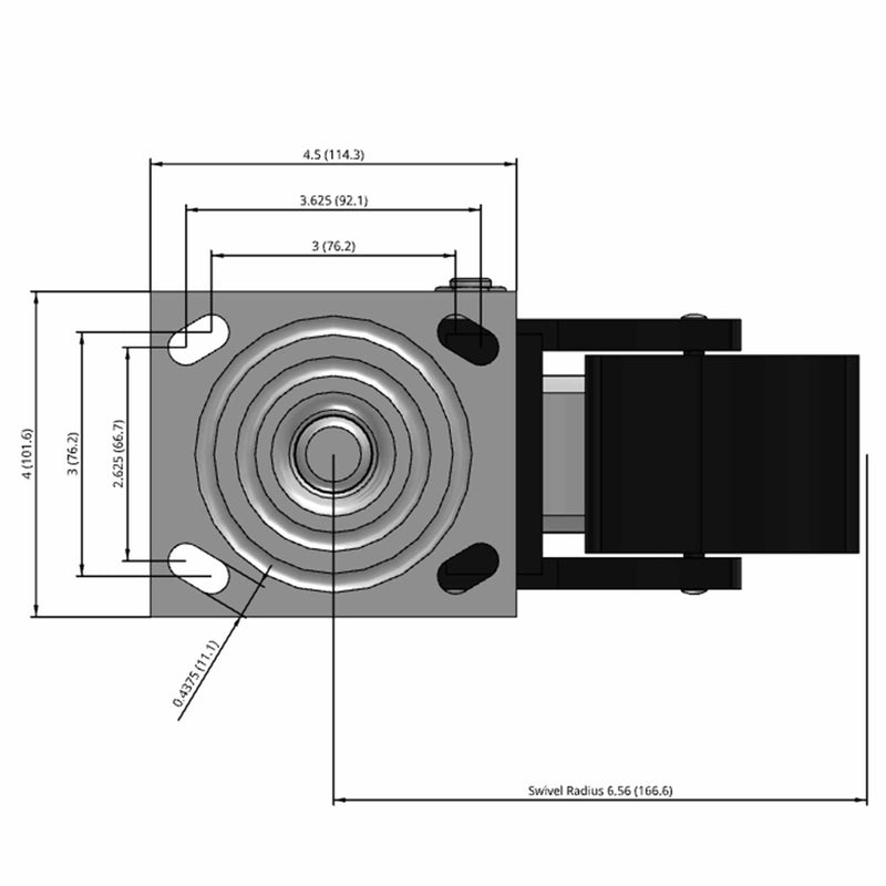 Side dimensioned CAD view of an Albion Casters 4" x 2" wide wheel Swivel caster with 4" x 4-1/2" top plate, with a top total locking brake, CA - Cast Iron wheel and 800 lb. capacity part