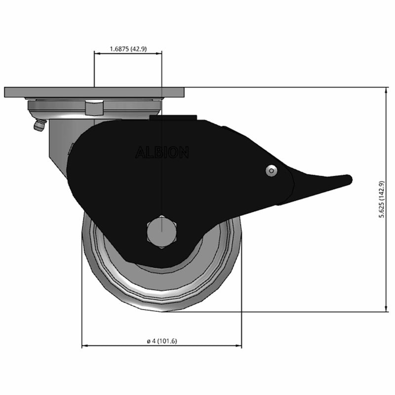 Front dimensioned CAD view of an Albion Casters 4" x 2" wide wheel Swivel caster with 4" x 4-1/2" top plate, with a top total locking brake, CA - Cast Iron wheel and 800 lb. capacity part