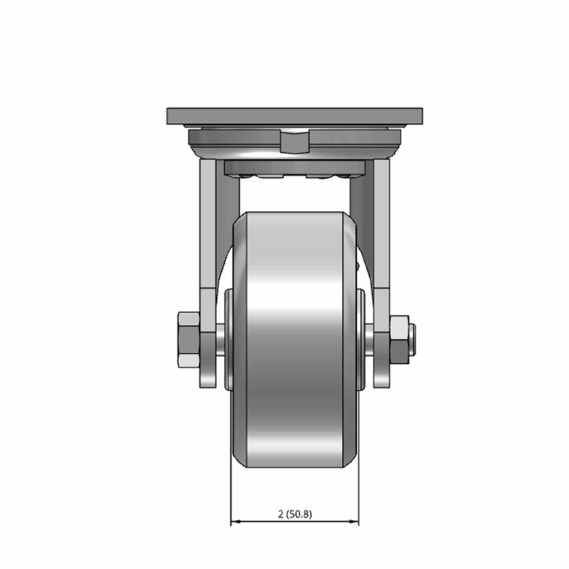 Top dimensioned CAD view of an Albion Casters 4" x 2" wide wheel Swivel caster with 4" x 4-1/2" top plate, without a brake, CA - Cast Iron wheel and 800 lb. capacity part