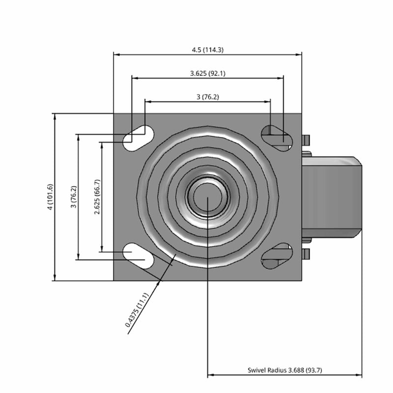 Side dimensioned CAD view of an Albion Casters 4" x 2" wide wheel Swivel caster with 4" x 4-1/2" top plate, without a brake, CA - Cast Iron wheel and 800 lb. capacity part