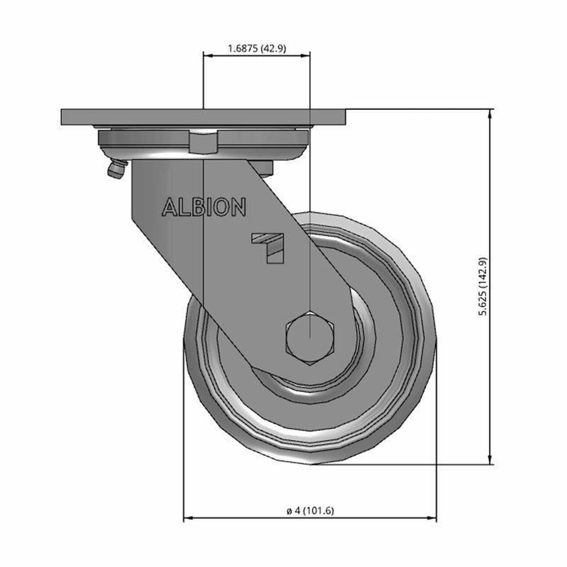 Front dimensioned CAD view of an Albion Casters 4" x 2" wide wheel Swivel caster with 4" x 4-1/2" top plate, without a brake, CA - Cast Iron wheel and 800 lb. capacity part