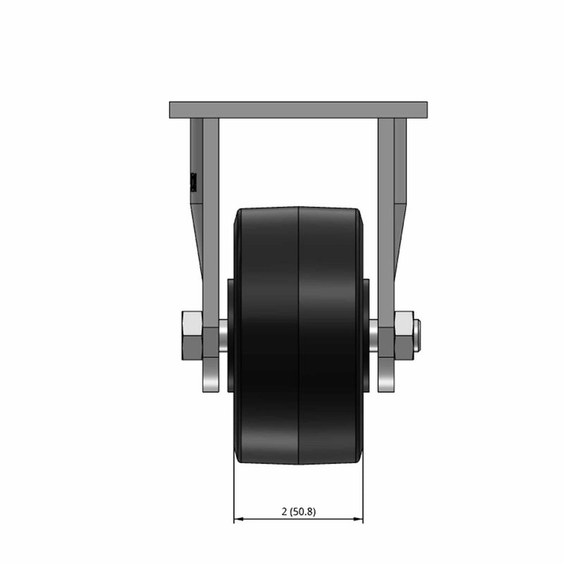 Top dimensioned CAD view of an Albion Casters 4" x 2" wide wheel Rigid caster with 4" x 4-1/2" top plate, without a brake, MR - Moldon Rubber (Cast Iron Core) wheel and 300 lb. capacity part