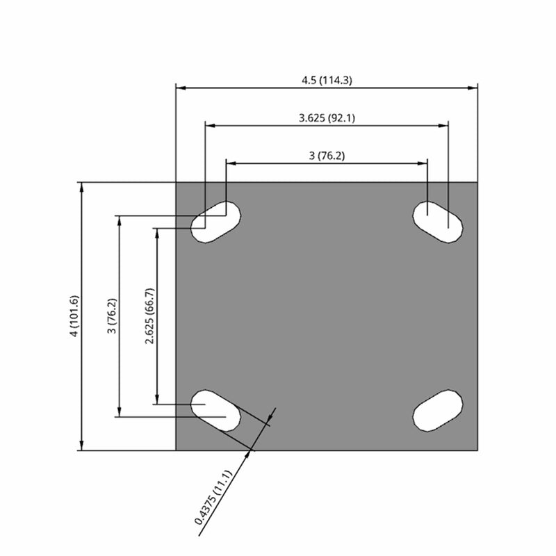 Side dimensioned CAD view of an Albion Casters 4" x 2" wide wheel Rigid caster with 4" x 4-1/2" top plate, without a brake, MR - Moldon Rubber (Cast Iron Core) wheel and 300 lb. capacity part