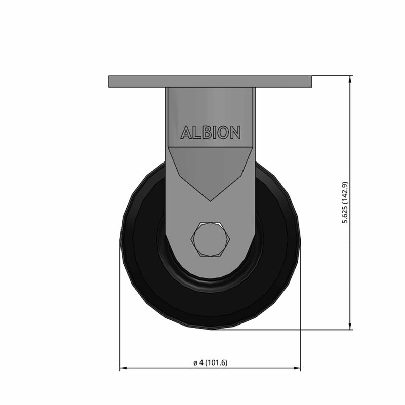 Front dimensioned CAD view of an Albion Casters 4" x 2" wide wheel Rigid caster with 4" x 4-1/2" top plate, without a brake, MR - Moldon Rubber (Cast Iron Core) wheel and 300 lb. capacity part