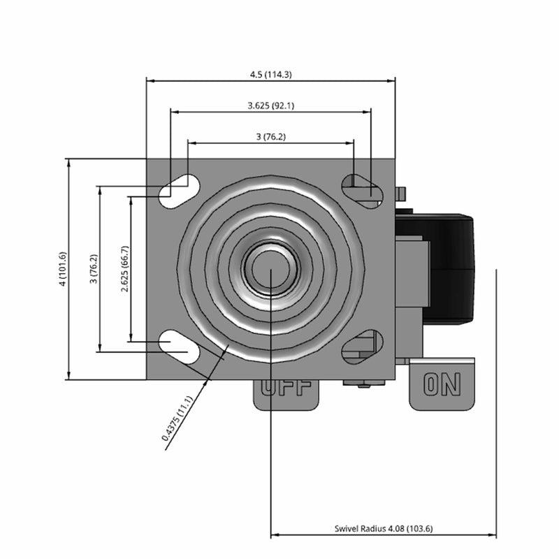 Side dimensioned CAD view of an Albion Casters 4" x 2" wide wheel Swivel caster with 4" x 4-1/2" top plate, with a side locking brake, MR - Moldon Rubber (Cast Iron Core) wheel and 300 lb. capacity part
