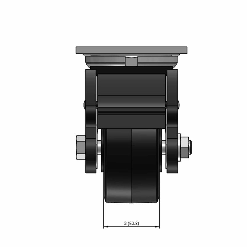 Top dimensioned CAD view of an Albion Casters 4" x 2" wide wheel Swivel caster with 4" x 4-1/2" top plate, with a top total locking brake, MR - Moldon Rubber (Cast Iron Core) wheel and 300 lb. capacity part