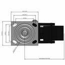 Side dimensioned CAD view of an Albion Casters 4" x 2" wide wheel Swivel caster with 4" x 4-1/2" top plate, with a top total locking brake, MR - Moldon Rubber (Cast Iron Core) wheel and 300 lb. capacity part