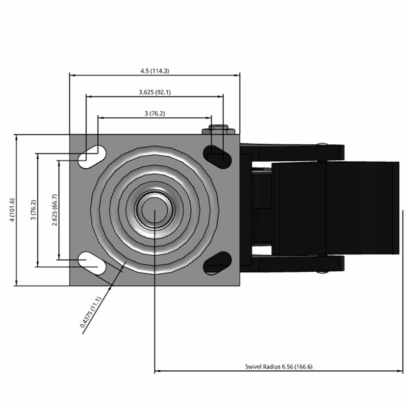 Side dimensioned CAD view of an Albion Casters 4" x 2" wide wheel Swivel caster with 4" x 4-1/2" top plate, with a top total locking brake, MR - Moldon Rubber (Cast Iron Core) wheel and 300 lb. capacity part