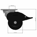 Front dimensioned CAD view of an Albion Casters 4" x 2" wide wheel Swivel caster with 4" x 4-1/2" top plate, with a top total locking brake, MR - Moldon Rubber (Cast Iron Core) wheel and 300 lb. capacity part