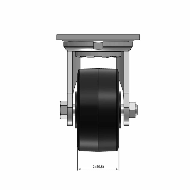 Top dimensioned CAD view of an Albion Casters 4" x 2" wide wheel Swivel caster with 4" x 4-1/2" top plate, without a brake, MR - Moldon Rubber (Cast Iron Core) wheel and 300 lb. capacity part