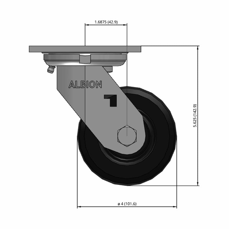 Front dimensioned CAD view of an Albion Casters 4" x 2" wide wheel Swivel caster with 4" x 4-1/2" top plate, without a brake, MR - Moldon Rubber (Cast Iron Core) wheel and 300 lb. capacity part