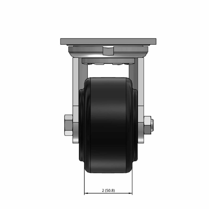 Top dimensioned CAD view of an Albion Casters 4" x 2" wide wheel Swivel caster with 4" x 4-1/2" top plate, without a brake, NX - Trionix Polymer wheel and 1250 lb. capacity part