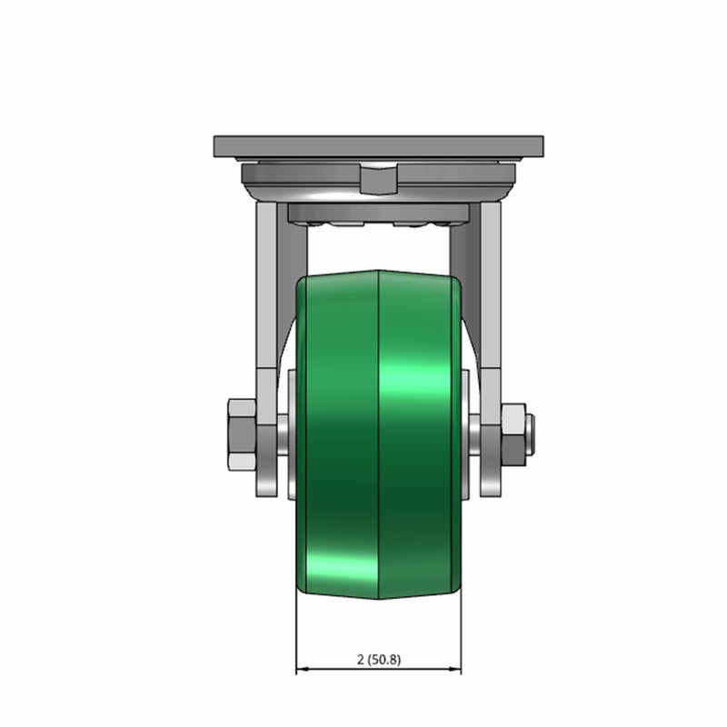 Top dimensioned CAD view of an Albion Casters 4" x 2" wide wheel Swivel caster with 4" x 4-1/2" top plate, without a brake, PD - Polyurethane (Aluminum Core) wheel and 700 lb. capacity part