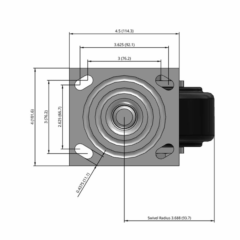 Side dimensioned CAD view of an Albion Casters 4" x 2" wide wheel Swivel caster with 4" x 4-1/2" top plate, without a brake, NX - Trionix Polymer wheel and 1250 lb. capacity part