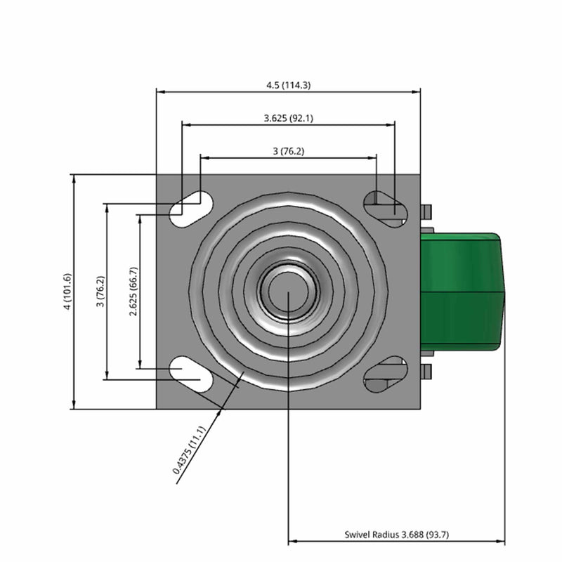 Side dimensioned CAD view of an Albion Casters 4" x 2" wide wheel Swivel caster with 4" x 4-1/2" top plate, without a brake, PD - Polyurethane (Aluminum Core) wheel and 700 lb. capacity part
