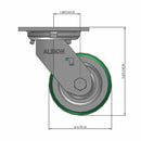 Front dimensioned CAD view of an Albion Casters 4" x 2" wide wheel Swivel caster with 4" x 4-1/2" top plate, without a brake, PD - Polyurethane (Aluminum Core) wheel and 700 lb. capacity part