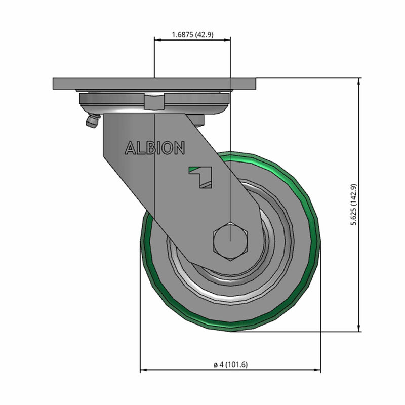 Front dimensioned CAD view of an Albion Casters 4" x 2" wide wheel Swivel caster with 4" x 4-1/2" top plate, without a brake, PD - Polyurethane (Aluminum Core) wheel and 700 lb. capacity part