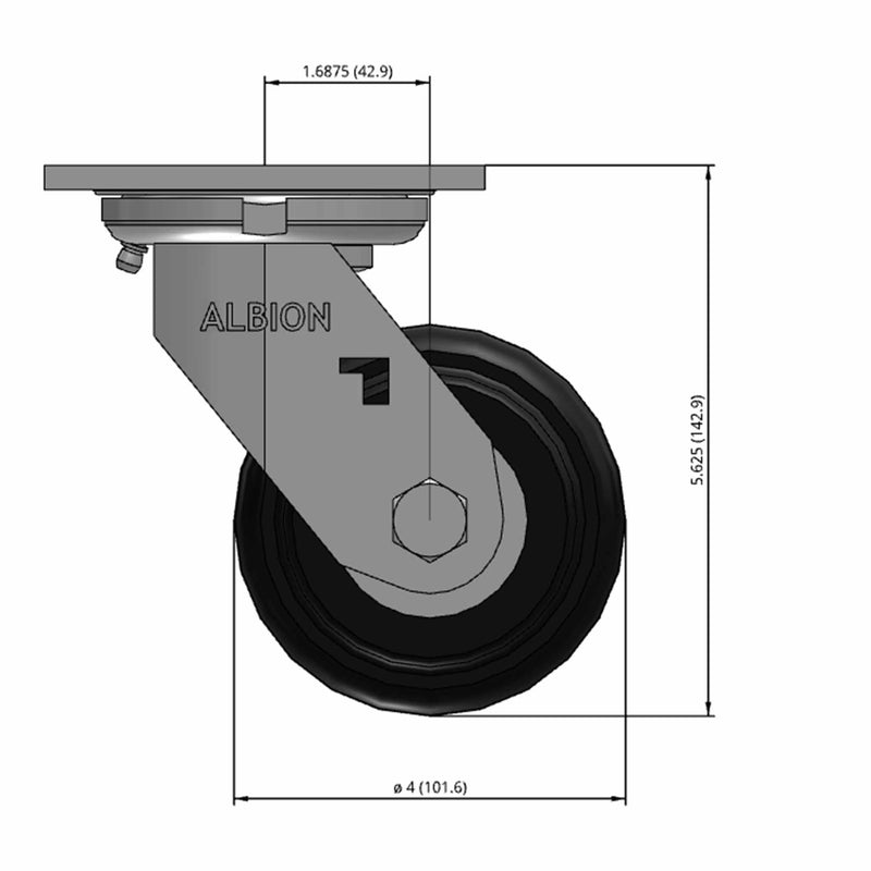 Front dimensioned CAD view of an Albion Casters 4" x 2" wide wheel Swivel caster with 4" x 4-1/2" top plate, without a brake, NX - Trionix Polymer wheel and 1250 lb. capacity part