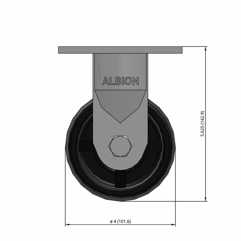 Front dimensioned CAD view of an Albion Casters 4" x 2" wide wheel Rigid caster with 4" x 4-1/2" top plate, without a brake, PB - Polypropylene (Black) wheel and 500 lb. capacity part