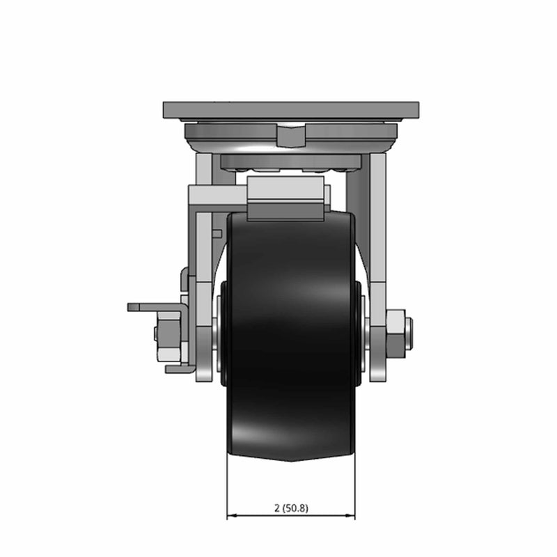 Top dimensioned CAD view of an Albion Casters 4" x 2" wide wheel Swivel caster with 4" x 4-1/2" top plate, with a side locking brake, PB - Polypropylene (Black) wheel and 500 lb. capacity part