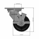 Front dimensioned CAD view of an Albion Casters 4" x 2" wide wheel Swivel caster with 4" x 4-1/2" top plate, with a side locking brake, PB - Polypropylene (Black) wheel and 500 lb. capacity part
