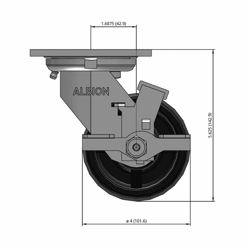 Front dimensioned CAD view of an Albion Casters 4" x 2" wide wheel Swivel caster with 4" x 4-1/2" top plate, with a side locking brake, PB - Polypropylene (Black) wheel and 500 lb. capacity part