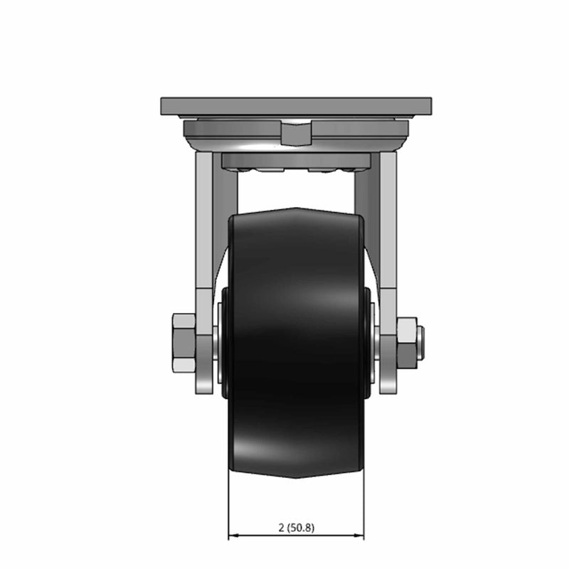 Top dimensioned CAD view of an Albion Casters 4" x 2" wide wheel Swivel caster with 4" x 4-1/2" top plate, without a brake, PB - Polypropylene (Black) wheel and 500 lb. capacity part