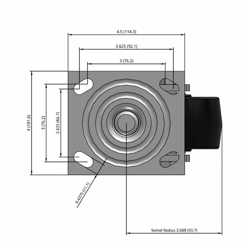 Side dimensioned CAD view of an Albion Casters 4" x 2" wide wheel Swivel caster with 4" x 4-1/2" top plate, without a brake, PB - Polypropylene (Black) wheel and 500 lb. capacity part