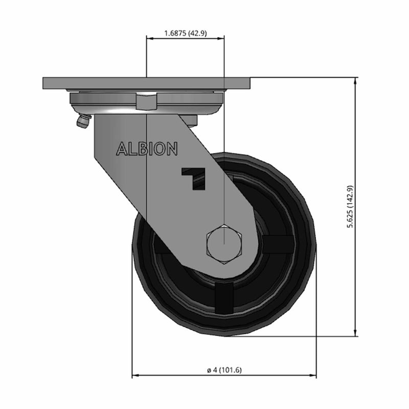 Front dimensioned CAD view of an Albion Casters 4" x 2" wide wheel Swivel caster with 4" x 4-1/2" top plate, without a brake, PB - Polypropylene (Black) wheel and 500 lb. capacity part
