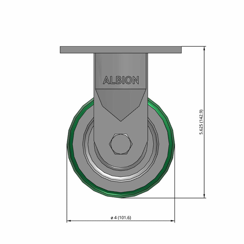 Front dimensioned CAD view of an Albion Casters 4" x 2" wide wheel Rigid caster with 4" x 4-1/2" top plate, without a brake, PD - Polyurethane (Aluminum Core) wheel and 700 lb. capacity part