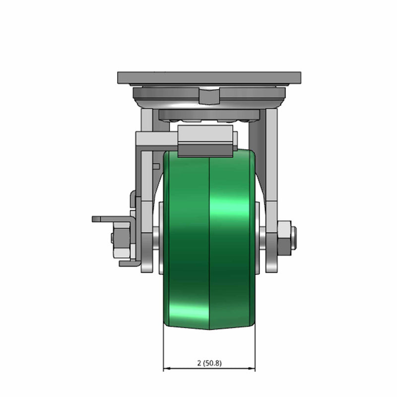 Top dimensioned CAD view of an Albion Casters 4" x 2" wide wheel Swivel caster with 4" x 4-1/2" top plate, with a side locking brake, PD - Polyurethane (Aluminum Core) wheel and 700 lb. capacity part