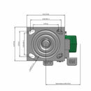 Side dimensioned CAD view of an Albion Casters 4" x 2" wide wheel Swivel caster with 4" x 4-1/2" top plate, with a side locking brake, PD - Polyurethane (Aluminum Core) wheel and 700 lb. capacity part