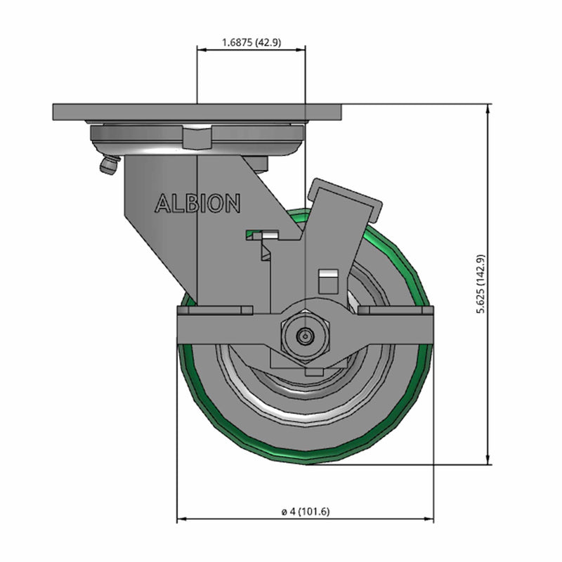 Front dimensioned CAD view of an Albion Casters 4" x 2" wide wheel Swivel caster with 4" x 4-1/2" top plate, with a side locking brake, PD - Polyurethane (Aluminum Core) wheel and 700 lb. capacity part