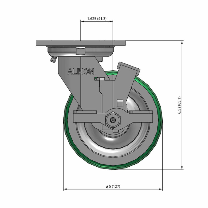5"x2" USA-Rig Locking Caster with Green Polyurethane-on-Aluminum Wheel