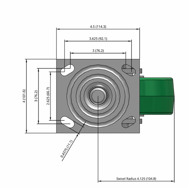 5"x2" USA-Rig Swivel Caster with Green Polyurethane-on-Aluminum Wheel