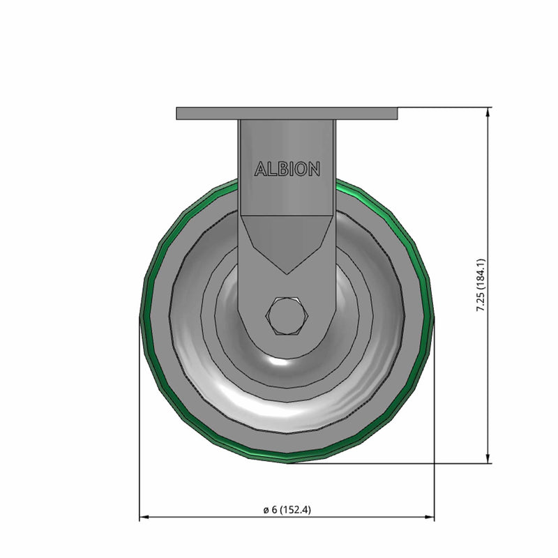 6"x2" USA-Rig Rigid Caster with Green Polyurethane-on-Aluminum Wheel