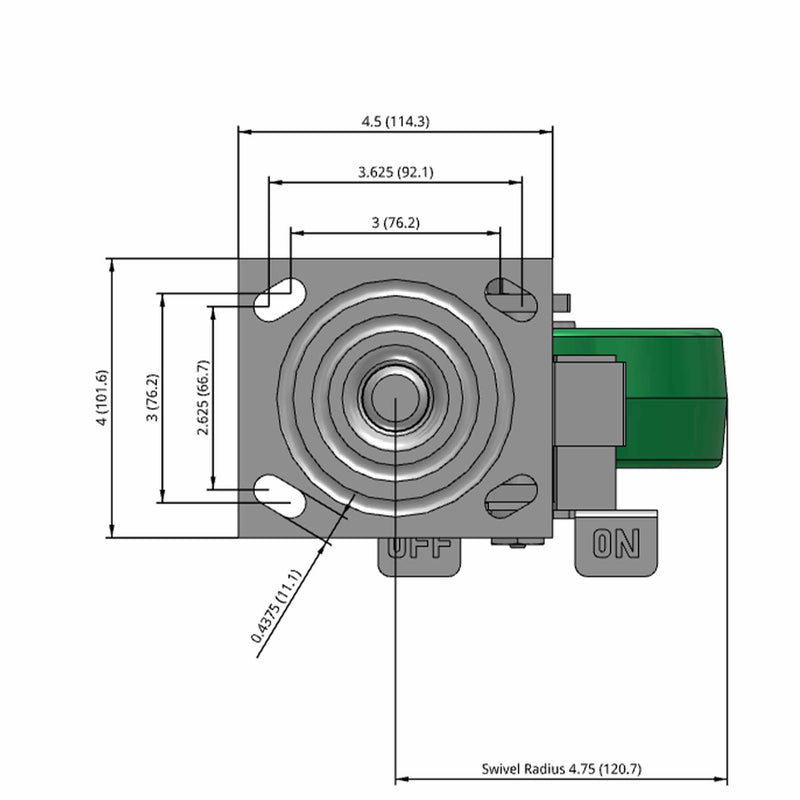 6"x2" USA-Rig Side Locking Caster Green Polyurethane-on-Aluminum Wheel