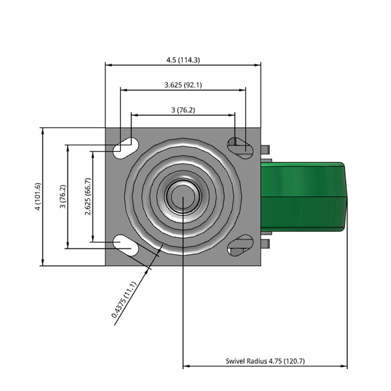 6"x2" USA-Rig Swivel Caster with Green Polyurethane-on-Aluminum Wheel