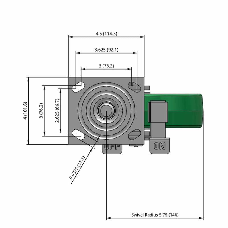 8"x2" USA-Rig Side Locking Caster Green Polyurethane-on-Aluminum Wheel