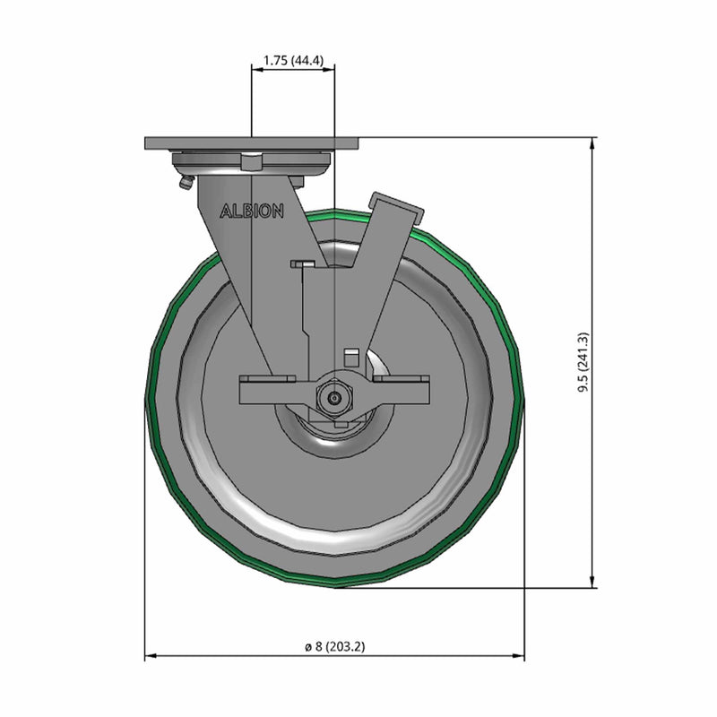 8"x2" USA-Rig Side Locking Caster Green Polyurethane-on-Aluminum Wheel