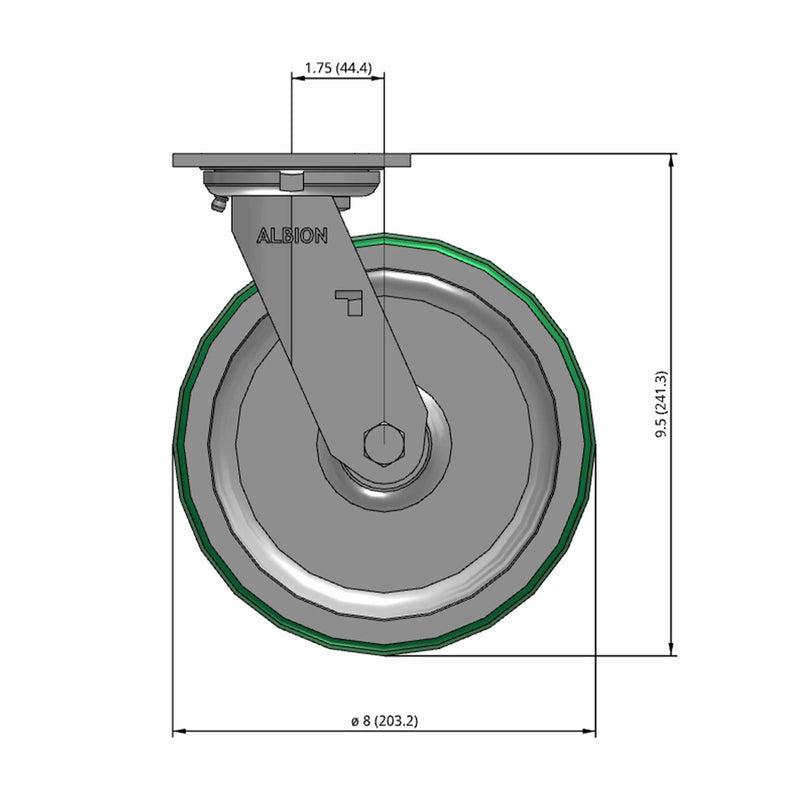 8"x2" USA-Rig Swivel Caster with Green Polyurethane-on-Aluminum Wheel