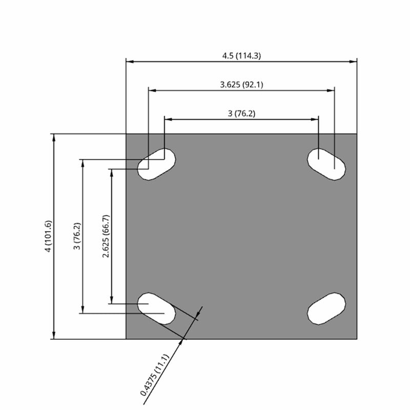 Side dimensioned CAD view of an Albion Casters 4" x 2" wide wheel Rigid caster with 4" x 4-1/2" top plate, without a brake, RT - Glass-Filled Polypropylene wheel and 800 lb. capacity part