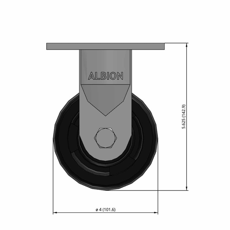 Front dimensioned CAD view of an Albion Casters 4" x 2" wide wheel Rigid caster with 4" x 4-1/2" top plate, without a brake, RT - Glass-Filled Polypropylene wheel and 800 lb. capacity part