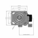 Side dimensioned CAD view of an Albion Casters 4" x 2" wide wheel Swivel caster with 4" x 4-1/2" top plate, with a side locking brake, RT - Glass-Filled Polypropylene wheel and 800 lb. capacity part