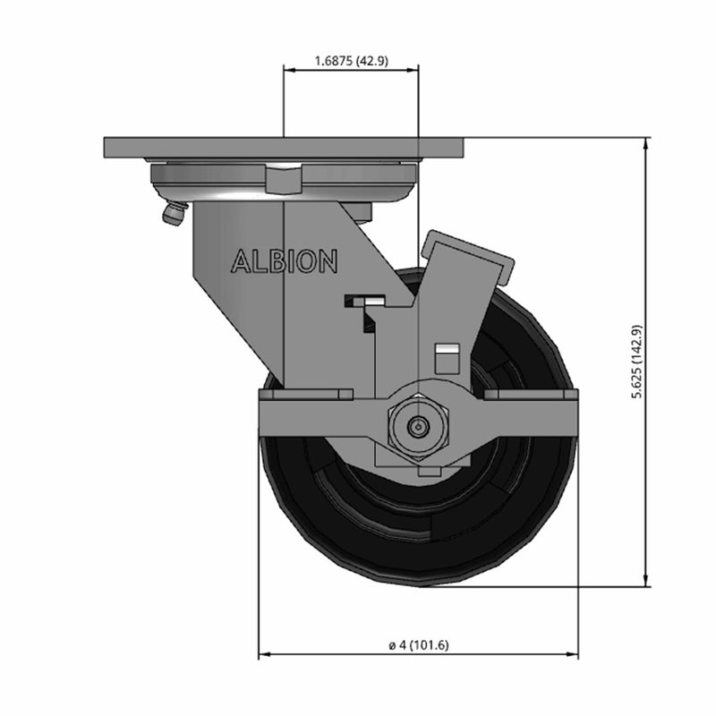 Front dimensioned CAD view of an Albion Casters 4" x 2" wide wheel Swivel caster with 4" x 4-1/2" top plate, with a side locking brake, RT - Glass-Filled Polypropylene wheel and 800 lb. capacity part
