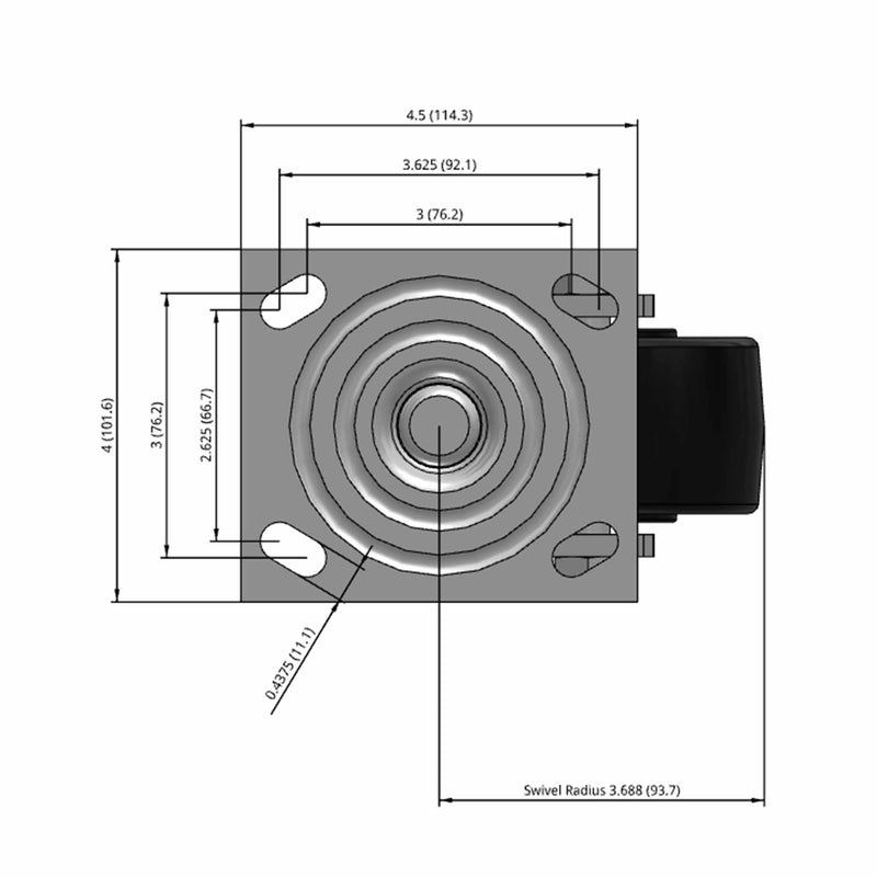 Side dimensioned CAD view of an Albion Casters 4" x 2" wide wheel Swivel caster with 4" x 4-1/2" top plate, without a brake, RT - Glass-Filled Polypropylene wheel and 800 lb. capacity part
