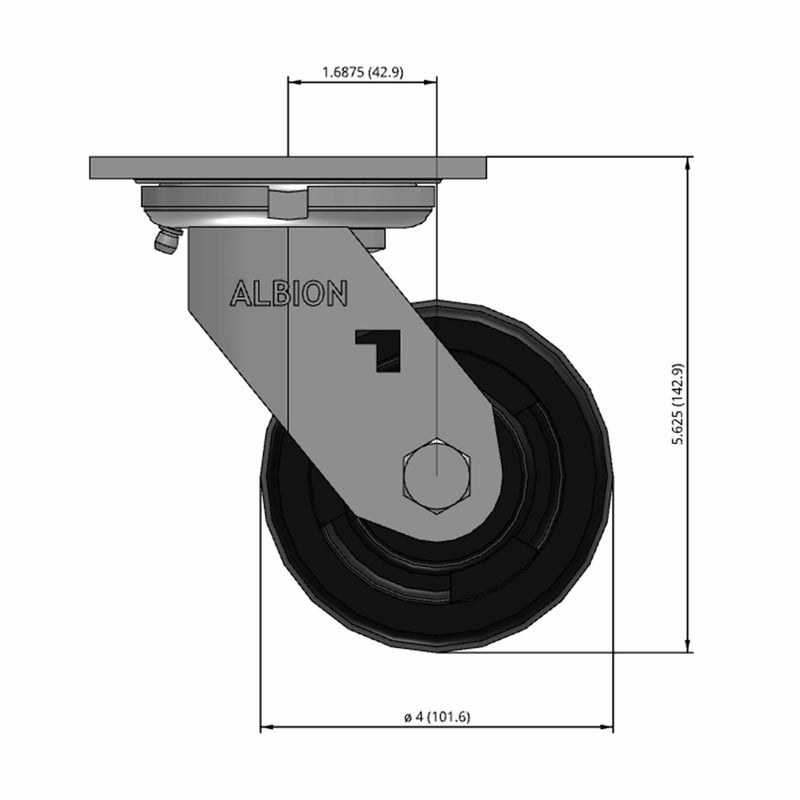Front dimensioned CAD view of an Albion Casters 4" x 2" wide wheel Swivel caster with 4" x 4-1/2" top plate, without a brake, RT - Glass-Filled Polypropylene wheel and 800 lb. capacity part