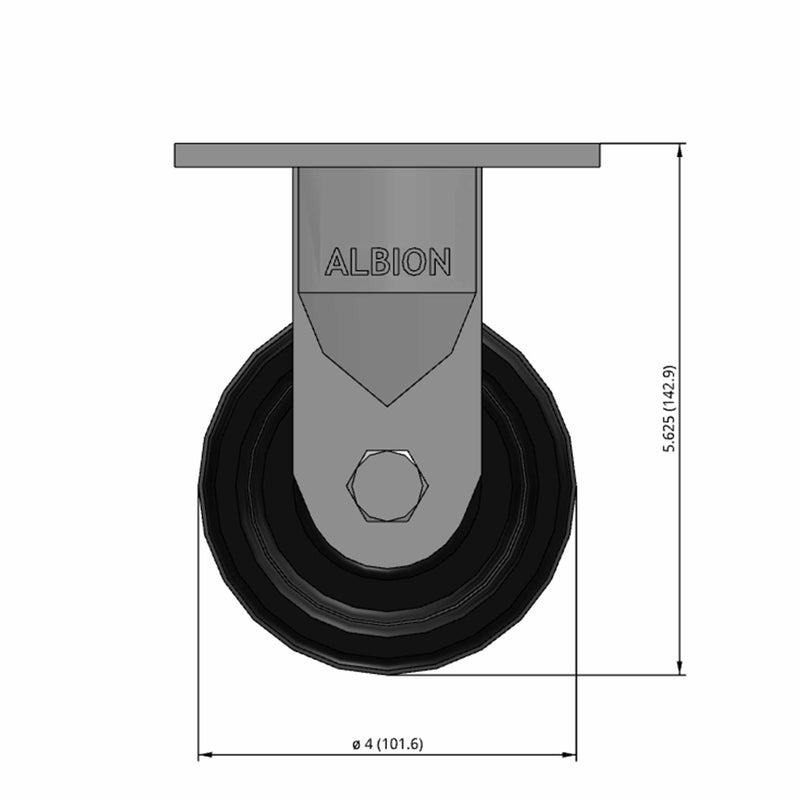 Front dimensioned CAD view of an Albion Casters 4" x 2" wide wheel Rigid caster with 4" x 4-1/2" top plate, without a brake, TM - Phenolic wheel and 800 lb. capacity part