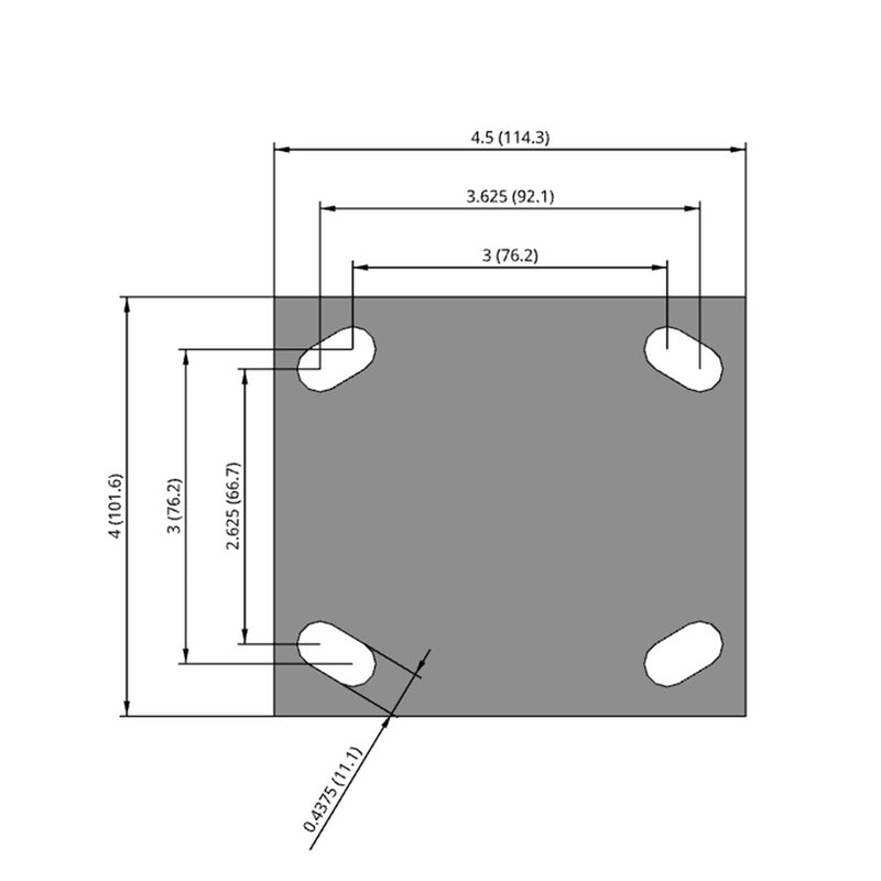 Side dimensioned CAD view of an Albion Casters 4" x 2" wide wheel Rigid caster with 4" x 4-1/2" top plate, without a brake, TM - Phenolic wheel and 800 lb. capacity part