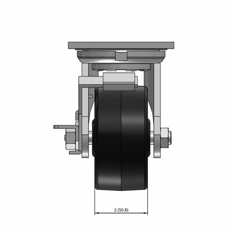 Top dimensioned CAD view of an Albion Casters 4" x 2" wide wheel Swivel caster with 4" x 4-1/2" top plate, with a side locking brake, TM - Phenolic wheel and 800 lb. capacity part